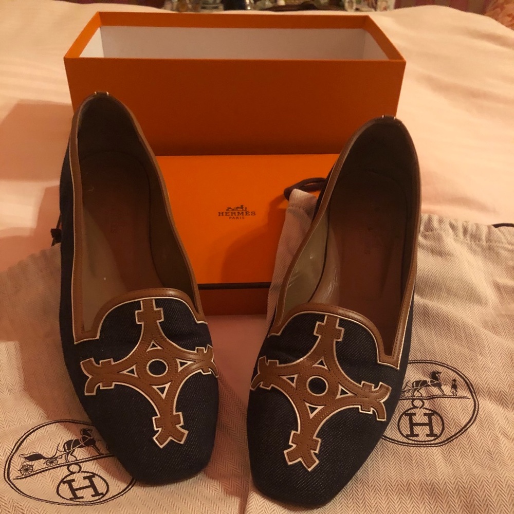 Authentic Hermes. Worn Navy denim with leather